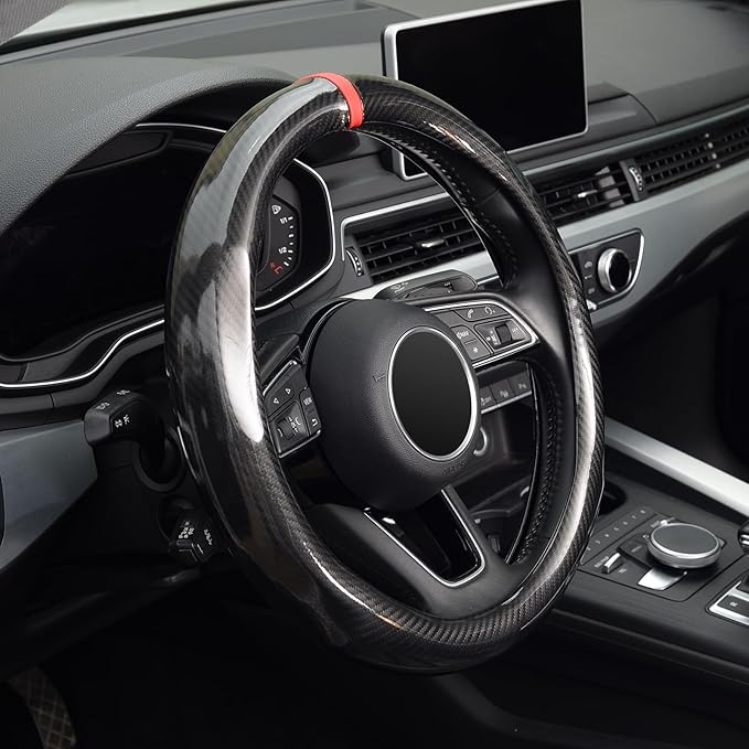 ZHOL Carbon Fiber Car Steering Wheel Cover Small-Size 14"-14 1/4" Compatible with Prius Civic Model 3 Camaro Spark Rogue Mini Smart Audi