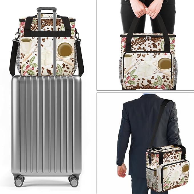 Watercolor Coffee Bean Coffee Maker Carring Bag Cafe Travel Carrying Storage Tote Bag Compatible with Keurig K-Mini or K-Mini Plus Portable Single Serve Coffee Brewer Case with Pockets for K-cup Pods