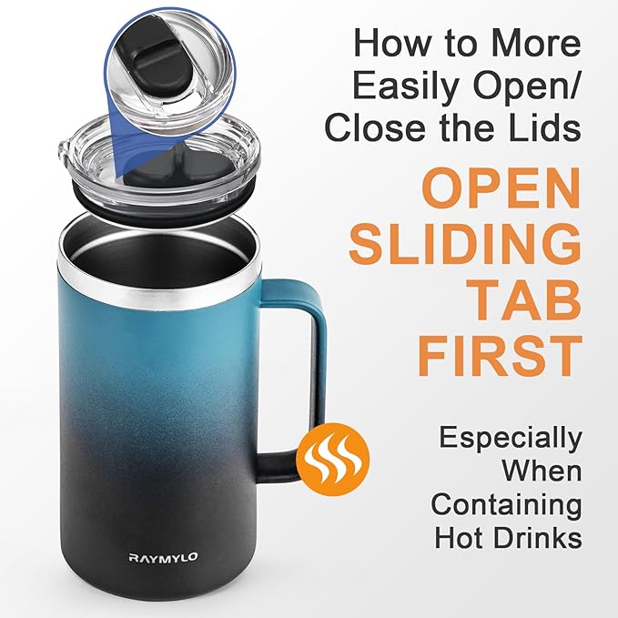 Insulated Coffee Mug 24 oz, Double Wall Stainless Steel Coffee Mug with Lids, Leak-Proof & Detachable Slider Lid for Thorough Clean, Keeps Coffee Cold for 9 Hrs, Suitable for Camp Home Office