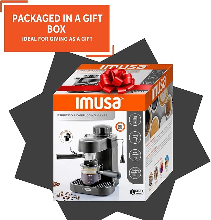 IMUSA Electric Espresso Cappuccino Maker 4 Cup Capacity with Milk Frother Black Coffee Machine for Home Barista Experience