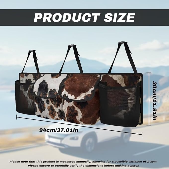 Cow Print Car Trunk Organizer, Large Capacity Auto Backseat Hanging Organizer, Thick Backseat Storage Bag with 2 Pockets, 2 Mesh Pockets, Car Trunk Tidy Storage Bag with Lids