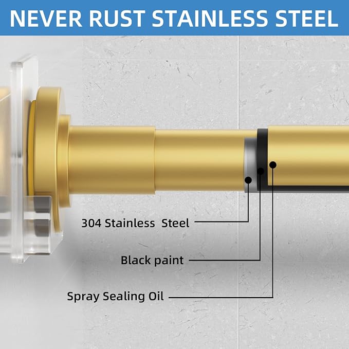CorkLatta Gold Shower Curtain Rod,1 Inch Diameter Stainless Steel Adjustable Spring Tension Rods 32 to 92",with Holders,Anti-Slip,Curtain Rods No Drilling(1 Pack)