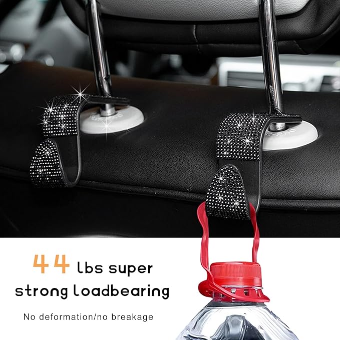 4 PCS Car Seat Headrest Hooks, Bling Rhinestone Purse Hook Vehicle Back Seat Hanger, Sparkling Crystal Headrest Hangers Storage Organizer for Grocery Bag Handbag Coats (Black)