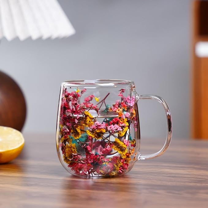 Double Wall Glass Flower Coffee Cups Tea Mug For Women