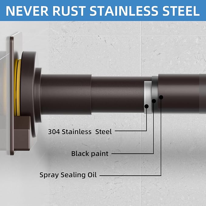 CorkLatta Matte Bronze Shower Curtain Rod,1 Inch Diameter Stainless Steel Adjustable Spring Tension Rods 32 to 80",with Holders,Anti-Slip,Curtain Rods No Drilling(1 Pack)
