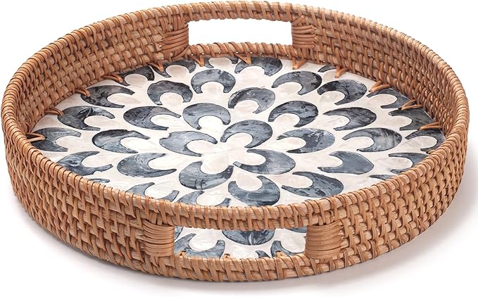 YANGQIHOME Round Serving Tray with Handle, Rattan Tray with Decorative Mother of Pearl Inlay, Round Wicker Trays for Home Decor, Coffee Table, Gifts, Dining, 11.8 inch