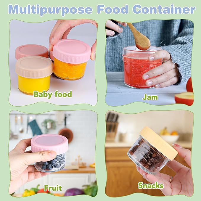 RowinsyDD 16 Pack Glass Baby Food Storage Containers, 4 oz Leakproof Baby Food Jars with Lids, Small Glass Food Containers for Infant Baby, Freezer & Microwave Safe, BPA Free