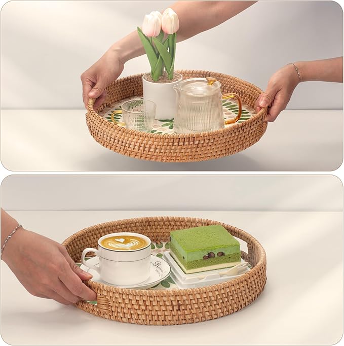 YANGQIHOME Round Serving Tray With Decorative Mother of Pearl Inlay, Rattan Wicker for Home Decor, Table Decor, Gifts, Dining, Woven for Food, Fruit, Coffee, 11.8 Inch
