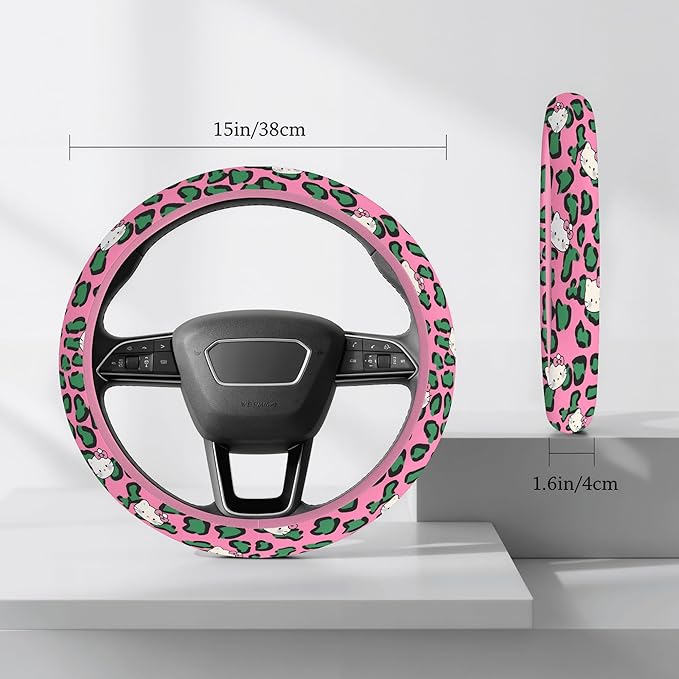 Cute Steering Wheel Cover for Women, Machine Washable Universal 14.5-15.5 inch Non-Slip Grip All Weather Use (Pink Green Leopard Cats)