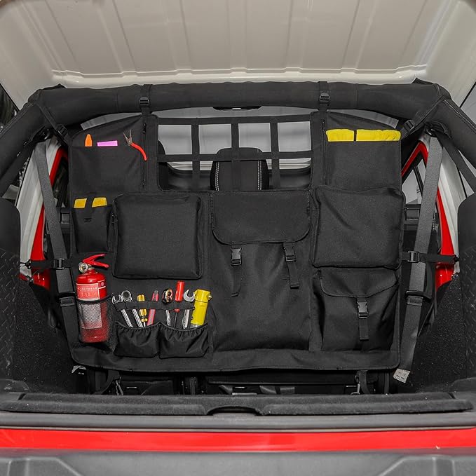 for JKU JLU Rear Trunk Organizer Bag Backseat Haning Cargo Organizer with Multi-Pockets Tool Kits fit for Jeep Wrangler JKU JLU