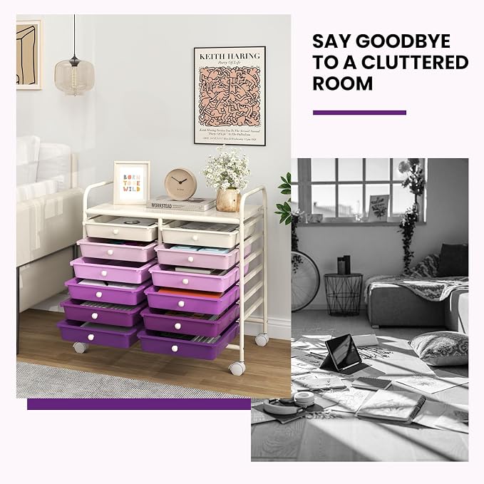 Giantex 12 Drawers Rolling Cart, Mobile Storage Drawer Cart, Classroom Organizer Cart for Office School Supplies Tools Scrapbook Paper Craft Small Printer, Utility Cart on Wheels, Purple Gradient