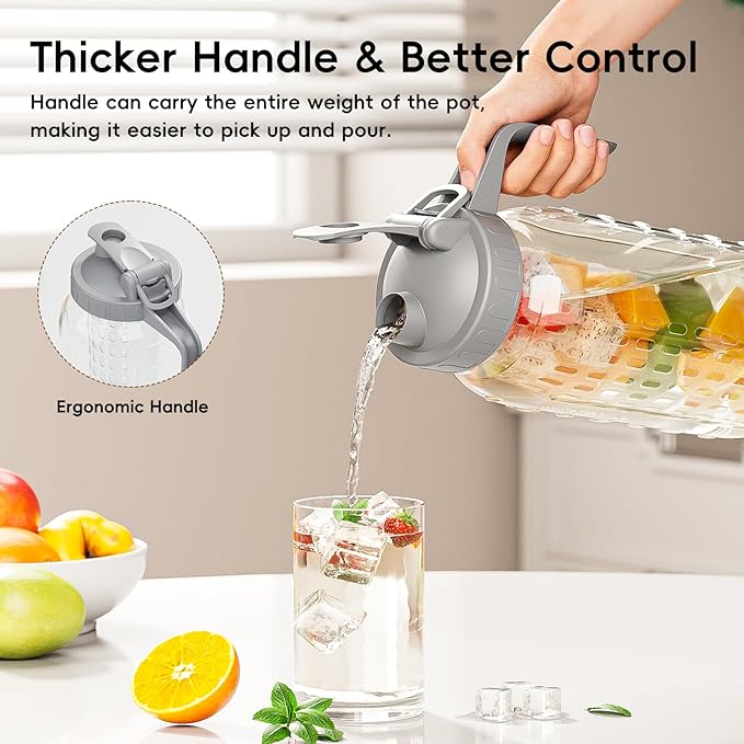 64 oz Fruit Water Infuser Pitcher, Heavy Duty Wide Mouth Glass Pitcher with Lid and Pour Spout, Tea Jug Airtight Seal for Freshness and Convenience, Great for Cold Beverages, Breast Milk