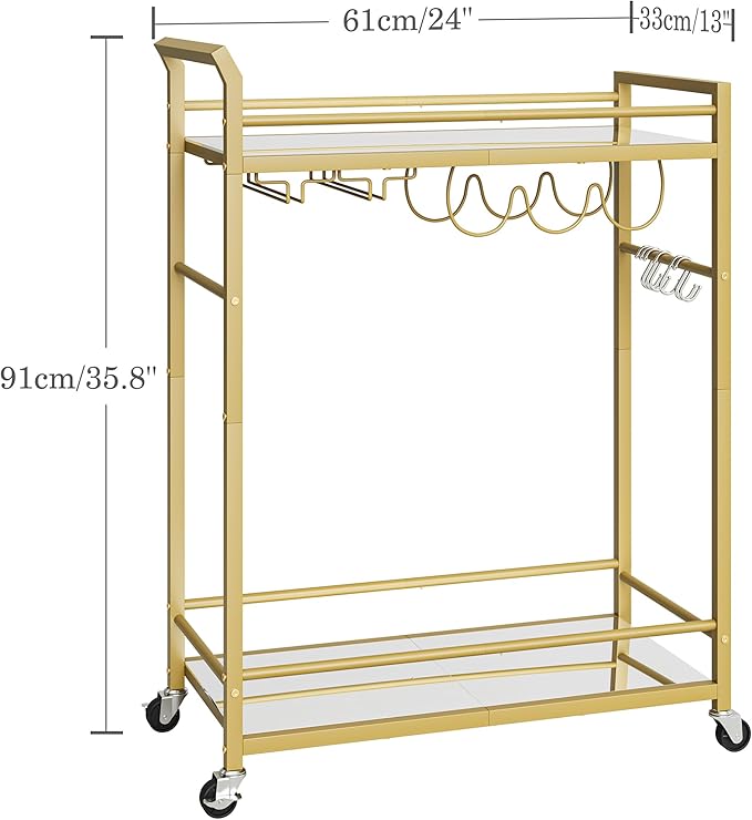3 Tier Bar Cart, Small Beverage Cart, Mini Bar Cart with Wine Rack, Home Bar Serving Cart with Wheels for Kitchen Dining Living Room (Gold, Mirrored)