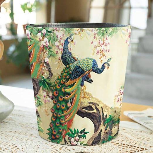 10L/2.64 Gallon Trash Can, Decorative Waste Basket, PU Leather Waste Paper Basket, Waterproof Garbage Can for Bathroom, Bedroom, Office, Kitchen and Living Room - Peacock-4