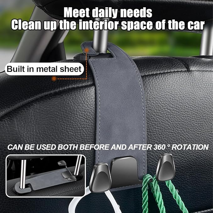 Car Seat Headrest Hook, 2PCS Leather & Metal Double Hook Vehicle Back Seat Hanger Holder for Phone Handbag Purse, Automobile Storage Organizer, Universal for Van Truck Sedan (Brown)