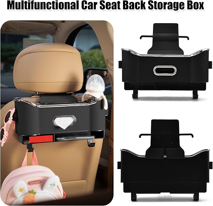 Backseat Car Organizer with Cup Holder, Multifunctional Headrest Storage Organizer for Cars, SUVs, Trucks, with Tissue Box, Drink Cup Holder & Handbag Hook (Black)