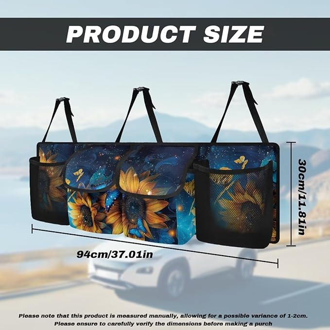 Sunflower Car Trunk Organizer and Storage, Backseat Hanging Organizer for SUV, Truck, MPV, Van, Sedan, Waterproof Cargo Storage Bag with 4 Pockets, Sunflower Car Accessories for Women