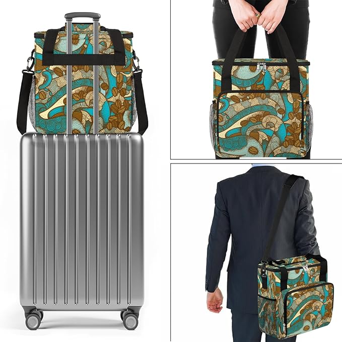 Vintage Boho Coffee Bean Maker Carring Bag Travel Carrying Storage Tote Compatible with Keurig K-Mini or Plus Portable Single Serve Brewer Case Pockets for K-cup Pods