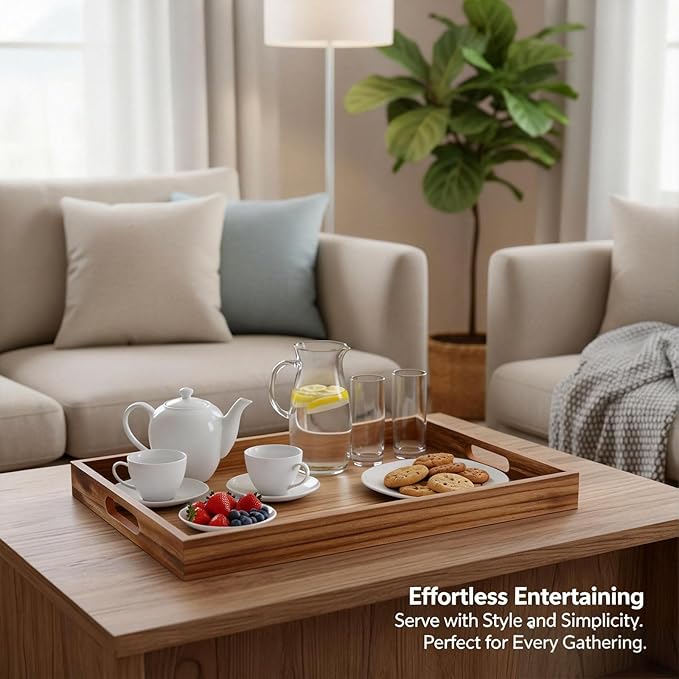 Krismax Wooden Serving Tray with Handles, Rustic Brown Rectangular Serving Platter 15.7x11.4 Inch for Coffee Table, Decorative Storage Tray