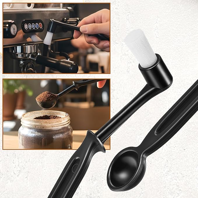 2PCS Coffee Grinder Brush Set, Espresso Machine Cleaning Brush Kit with Natural Wooden Handle, Multifunctional Coffee Brushes Cleaning Tool with Spoon for Barista Coffeebar Accessories