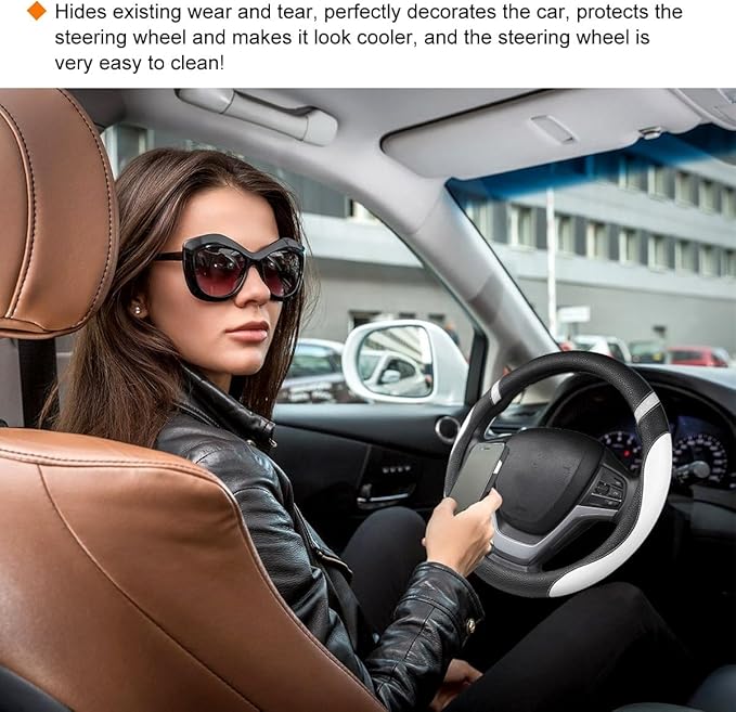 Car Steering Wheel Cover, Non-Slip Leather Auto Steering Wheel Protector, Comfortable Steering Wheel Cover Protector for Most Cars, Universal Interior Car Accessories (White)