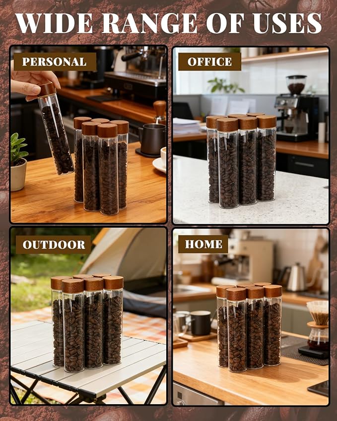 Coffee Bean Storage Tubes Refill Pack – 6pcs 80ml Airtight Glass Coffee Bean Container with Bamboo Lids for Single Dose Storage, Replacement Tubes for Barista