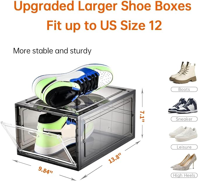 Amllas 12 Pack Shoe Boxes Stackable,Upgraded Sturdy Shoe Storage Boxes with Clear Magnetic Door,Multifunctional Sneaker Storage, Shoe Box Organizer Fit up to US Size 12 Gray(13.8”x 9.84”x 7.1”)