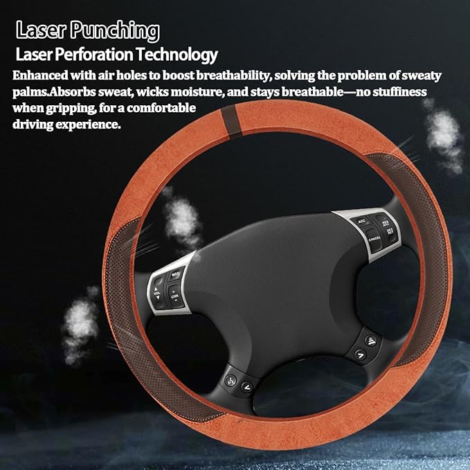 HZEL Car Steering Wheel Cover, Non-Slip Suede Leather Breathable Vehicle Steering Wheel Protector with Inner Ring, Automotive Interior Protective Accessories, Universal Fit (Amber Orange)