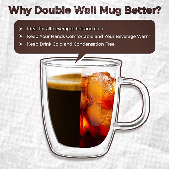 2 Pack 12 oz Double Walled Glass Coffee Mugs with handle, Thermal Insulted No Condensation Coffee & Tea Cups, Clear Mugs for Americano, Latte, Espresso, Cappuccinos Beverage