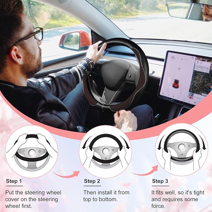 Brown Steering Wheel Cover, Slip-Proof Breathable Comfort PU Imitation Leather Cute Car Accessories for Women Girl, Universal Protector in All Season 15 inch Fit Most Car