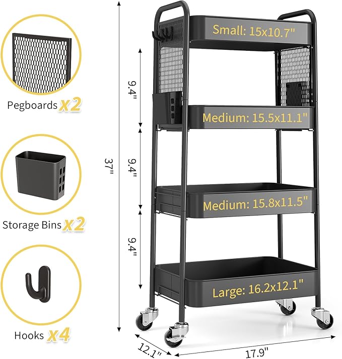 TOOLF 4 Tier Rolling Cart with Pegboard, Metal Storage Organizer Cart with Wheels, Hooks & Bins Esthetician Craft Art Sturdy Storage for Bathroom, Kitchen, Office, Nursery Diaper