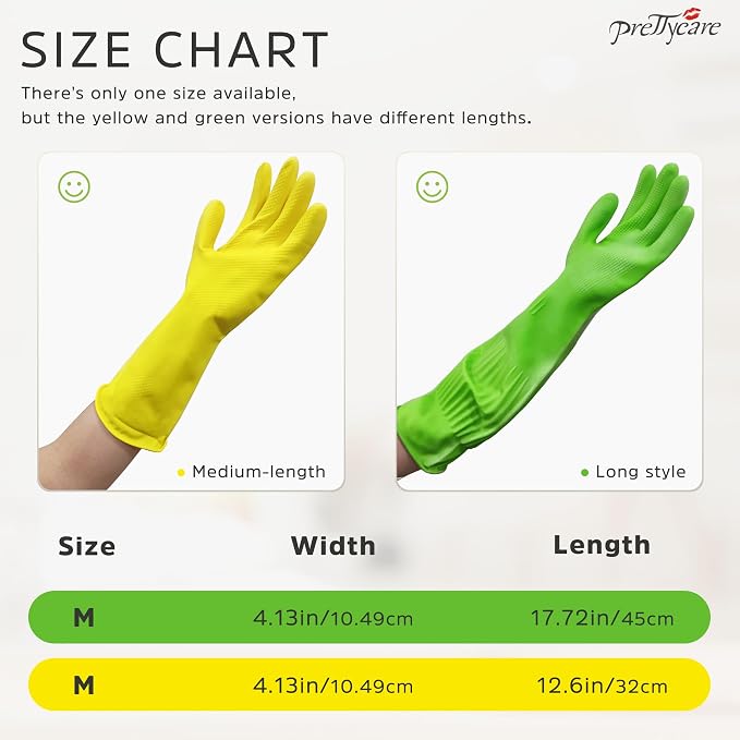 PrettyCare 2 Pairs Rubber Cleaning Gloves long & short for Household - Reusable Dishwashing Gloves for Kitchen, Flexible Long-lasting