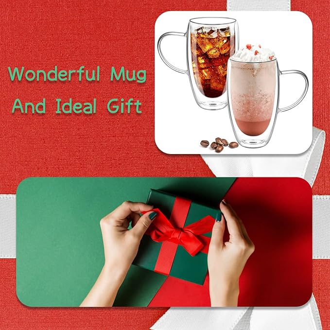 Double Wall Glass Coffee Mugs Set of 2, 15oz/440ml Insulated Glass Mugs with Handle for Hot Beverages, Large Clear Coffee Cups for Espresso, Tea, Latte, Cappuccino