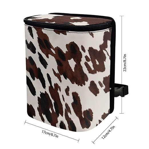 KEIAHUAN Brown Cow Car Trash Can with Zipper-Closed Lid for Back Seat Collapsible Portable Auto Garbage Bag Large Capacity Trashcan Storage Bag for Cars, Sedans, SUVs & Trucks