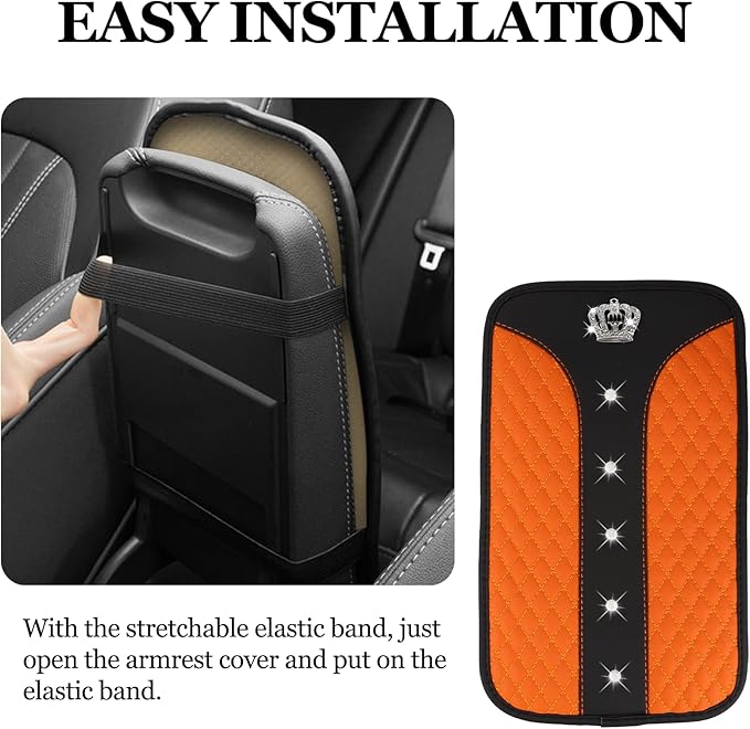 Bling Crown Car Center Console Cover, 12.7"×7.7" Armrest Cover for Cars, Waterproof Leather Arm Rest Box Pad Cushion, Universal Middle Console Cover Protector, Car Accessories (Orange)