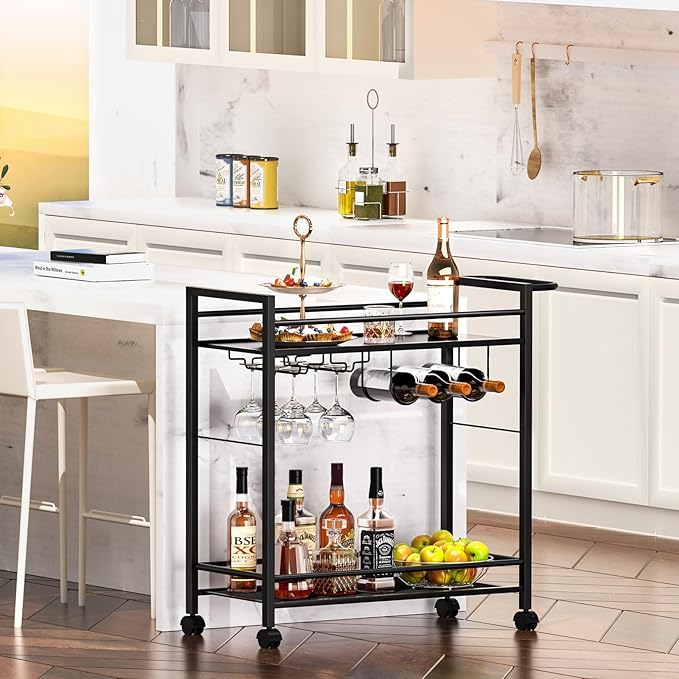 Bar Cart,Home Bar Serving Cart with Storage Shelves, 2 Tier Rolling Beverage Cart with Wheels, Modern Vintage Black Wine Cart with Wine Rack and Glass Holder for Kitchen, Dinning Room,Living Room