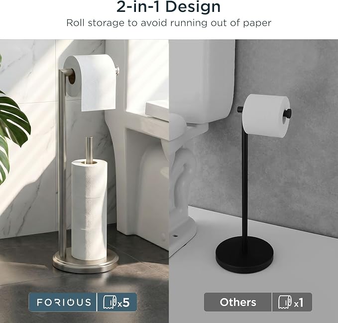 FORIOUS Toilet Paper Holder Stand, Toilet Paper Storage with 4 Rolls, Freestanding Tissue Roll Holder for Bathroom, Durable 304 Stainless Steel and Weighted Base Toilet Paper Stand, Brushed Nickel