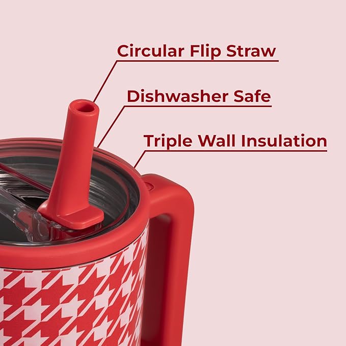 HydroJug Traveler - 40 oz Water Bottle with Handle & Flip Straw - Fits in Cup Holder, Leak Resistant Tumbler-Reusable Insulated Stainless Steel & Rubber Base - Gifts for Women & Men, Halle Houndstooth