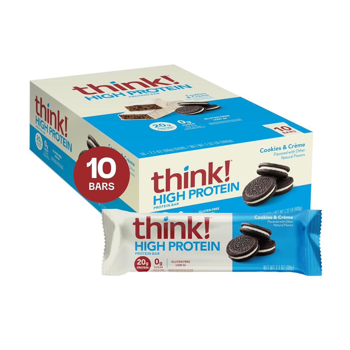 think! Protein Bars, High Protein Snacks, Gluten Free, Kosher Friendly, Creamy Peanut Butter, Nutrition Bars, 2.1 Oz per Bar, 12 Count (Packaging May Vary)