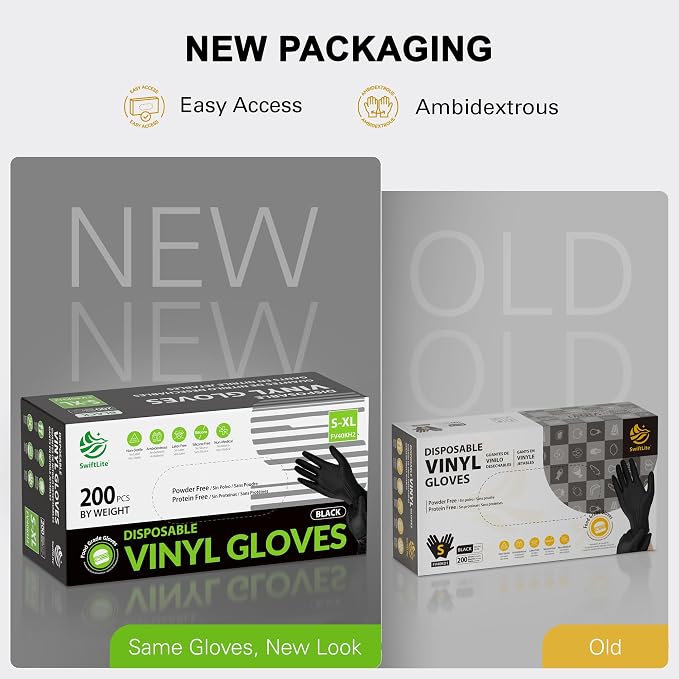 SWIFTLITE Black Vinyl Gloves, Food Grade Gloves Disposable Latex Free & Powder Free, Guantes for Cleaning Cooking Food Prep