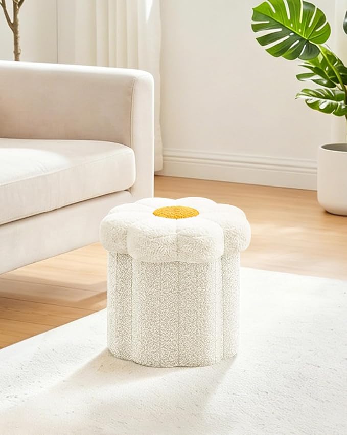 B FSOBEIIALEO Storage Ottoman Foldable, Sunflower Shaped Small Footrest Collapsible Folding Seat Bench for Bedroom Living Room Entryway, Faux Teddy Fur, White 12.6"x12.6"x11.4"