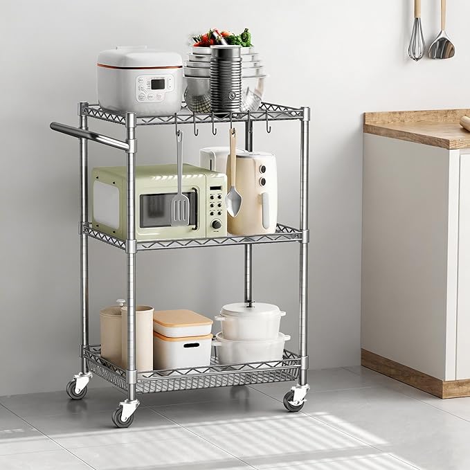 3 Tier Rolling Utility Carts with Wheels Heavy Duty Storage Cart 750Lbs Capacity Adjustable Kitchen Metal Organizer Cart with Handle & Shelf Liner Commercial Service Trolley for Indoor & Outdoor Use