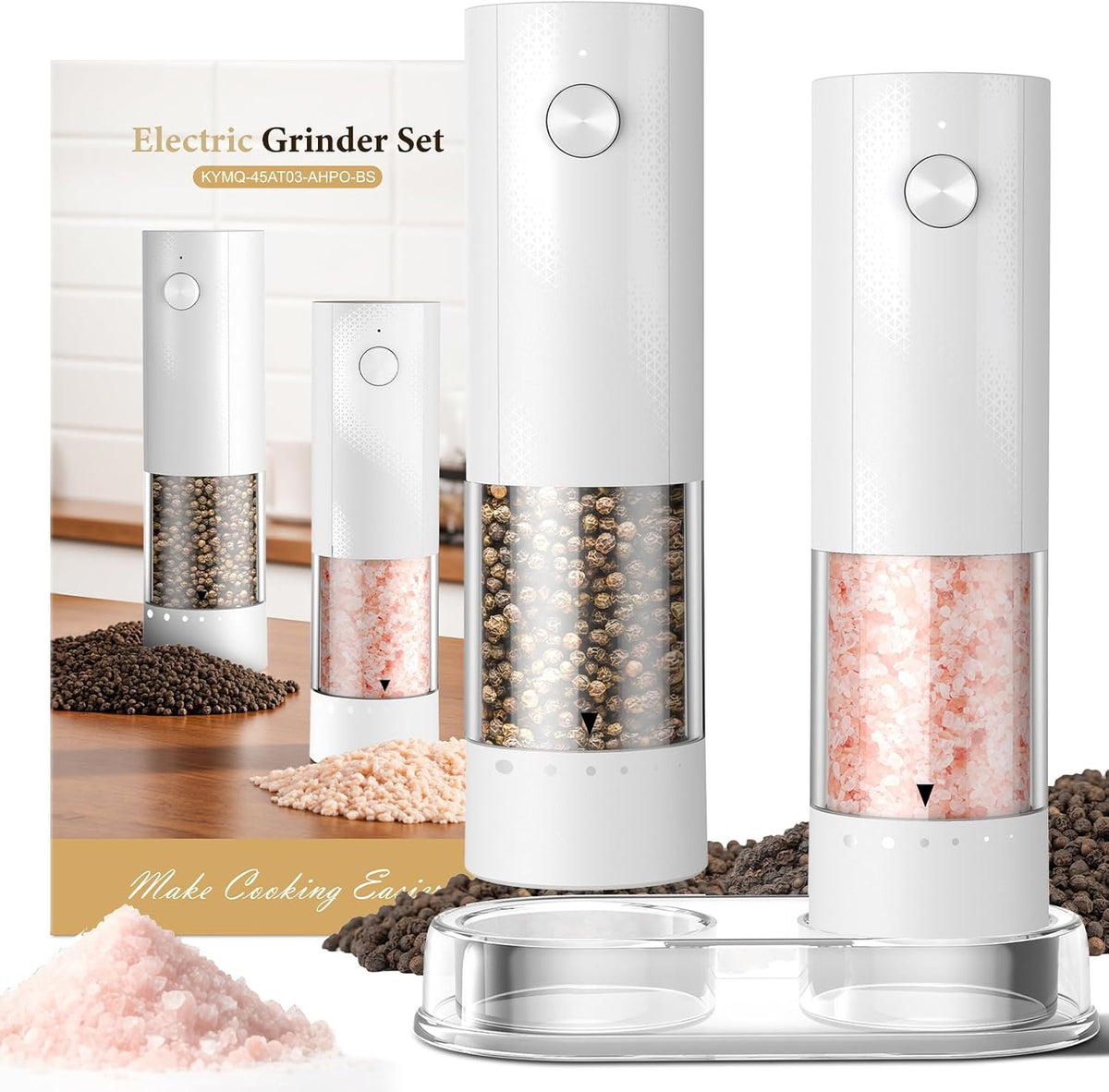 Electric Salt and Pepper Grinder Set - Rechargeable Automatic Salt and Pepper Shakers, Kitchen Appliances with External Adjustable Coarseness, Larger Hopper for Christmas Gifts(2 Pack,Black/Black)