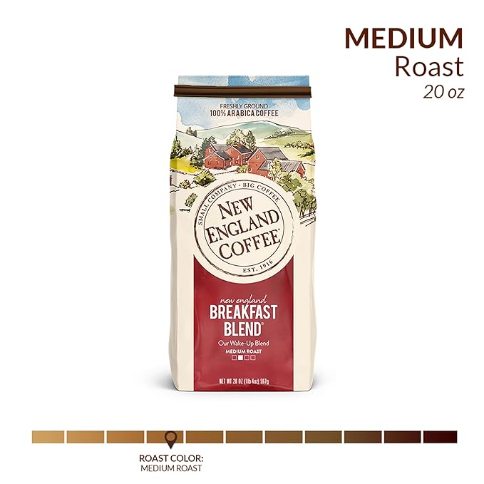 New England Coffee Breakfast Blend Medium Roast Ground Coffee, 20oz Bag (Pack of 4)