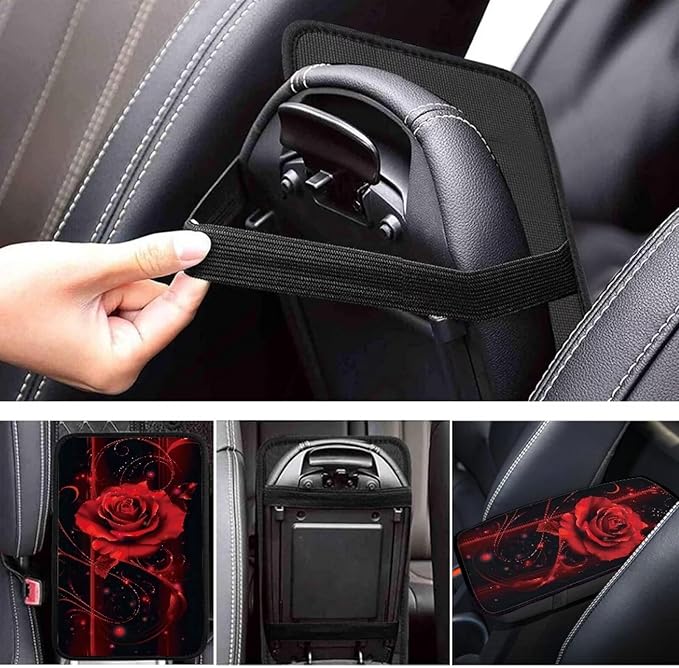 Rose Print Armrest Cushion Cover for Car Scratch Proof Car Center Console Armrest Protector Cover Universal Fit Truck Sedan SUV, Red and Black