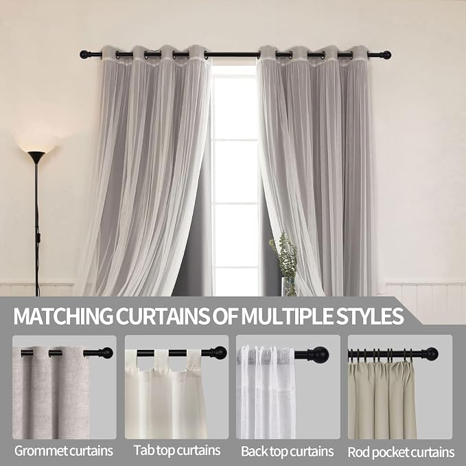 Thestoa Curtain Rods for Windows 30-62 Inch, 5/8" Matte Black Curtain Rods, Stainless Steel Small Curtain Rod for Bedroom, Living Room,Kitchen,Farmhouse, Outdoor Curtain rod Black