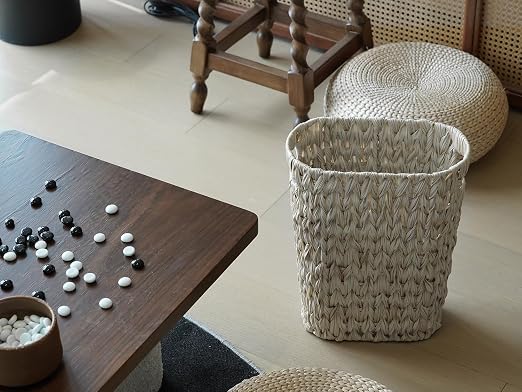 Coeusy Wicker Trash Can,Bathroom Trash Can,Waterproof Wicker Waste Basket for Bathroom,Narrow Small Waste Basket for Bedroom,Office, Cream White 5 Gallon