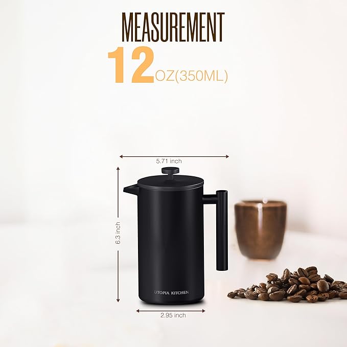 Utopia Kitchen 304 Grade Stainless Steel French Press Coffee Maker 12 Oz, Double Wall Insulated Coffee Press with 4-Level Filtration system, Include 2 Extra Filters, Rust-Free, Black
