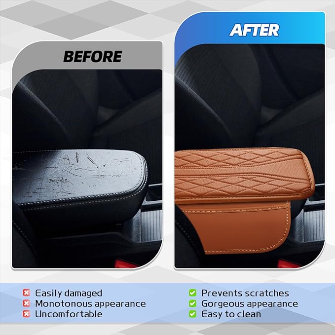 Car Center Console Cover, 11.8"×6.7" Leather Armrest Cover for Cars, Multifunctional Auto Armrest Cushion Pad with Storage Pocket, Universal Arm Rest Protector Car Accessories (Brown)