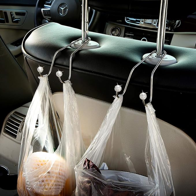 Bling Car Seat Hooks, Rhinestone Universal Organizer Hooks Car Headrest Hangers Hooks, Bag Organizers Rack and Hanger, Strong and Durable Auto Backseat Storage Hooks (A-White)